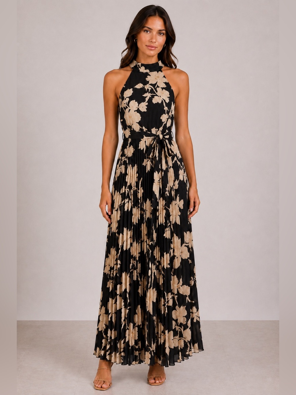 Lavender Brown Annalise Midi/Maxi Black and Taupe Floral Pleated Dress